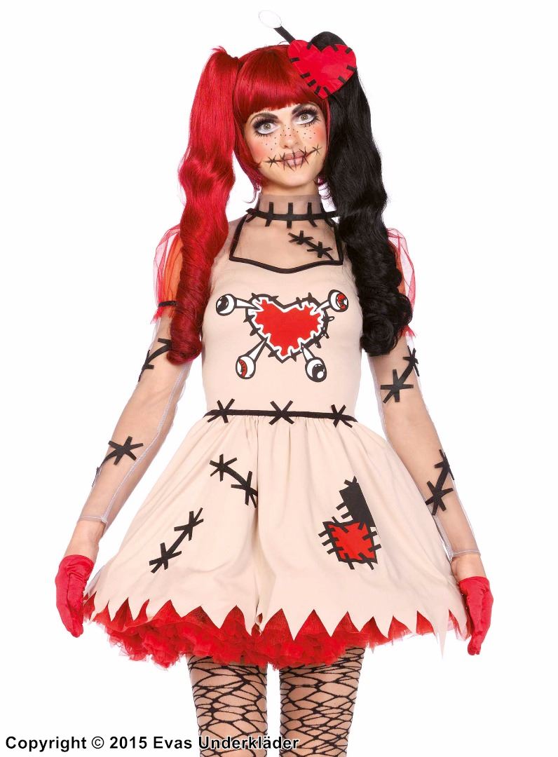 Voodoo doll, costume dress, heart, puff sleeves, stitches